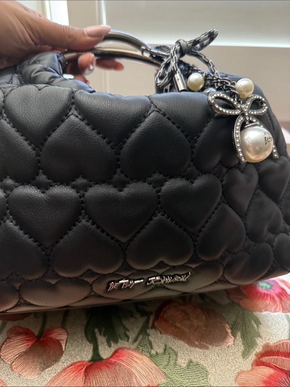 Betsey Johnson Black Quilted Heart Mini Satchel with Bow & Pearl Charm